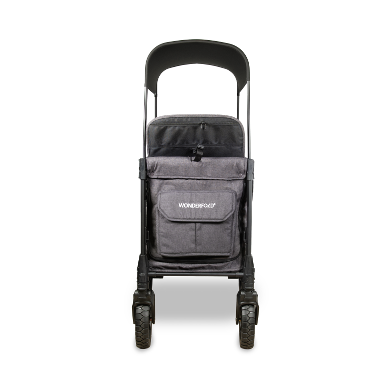 Black and gray WonderFold stroller on a white background