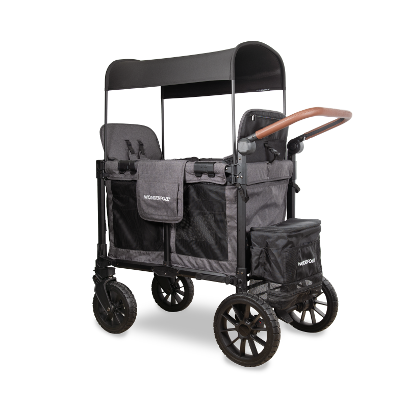 Black and gray stroller wagon with canopy on a white background