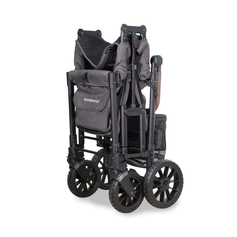 Gray folding stroller with backpack on a white background