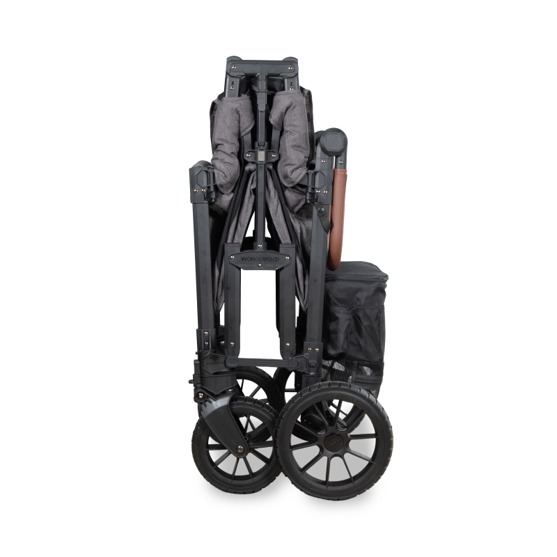 Black folding chair with wheels on a white background