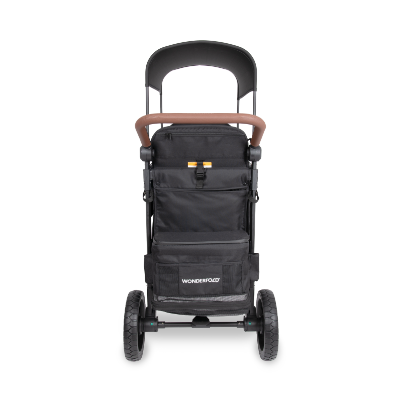 Black stroller with brown handle on a white background