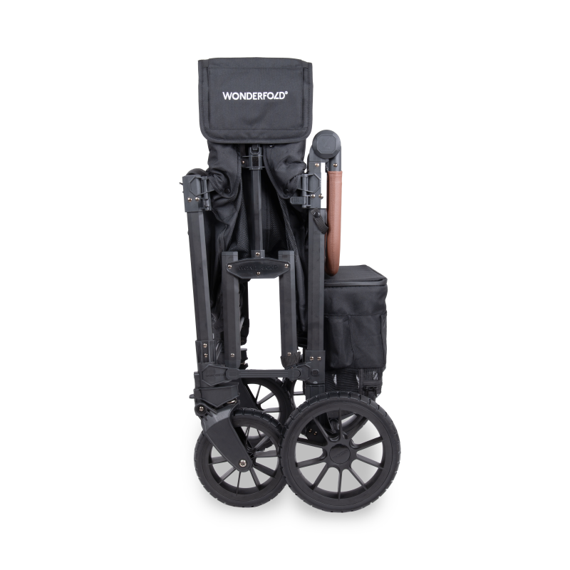 Black folding stroller with WonderFold logo on a white background