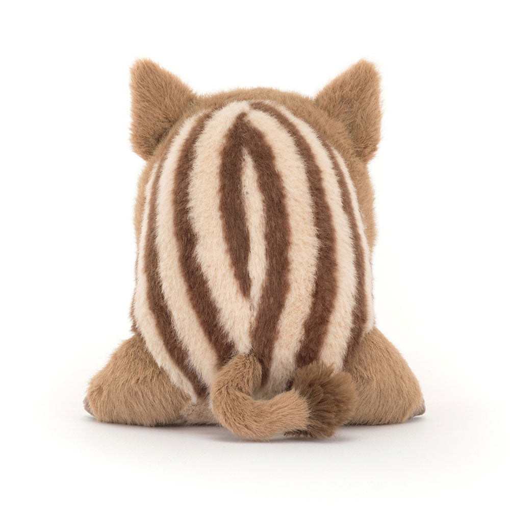 Stuffed animal with brown and beige stripes on a white background