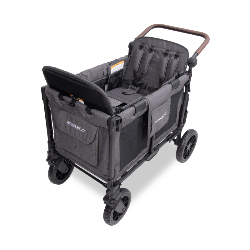 A dark gray Wonderbug stroller wagon with a matching padded child seat, black wheels, and a brown handlebar, shown on a clean white background.