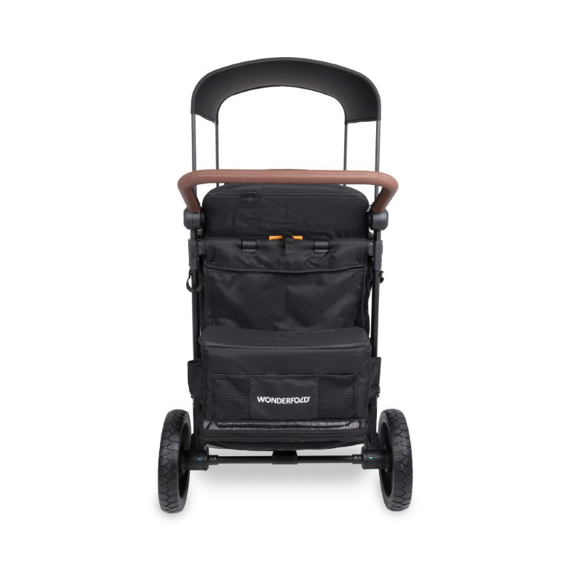 Black stroller with brown handle on a white background