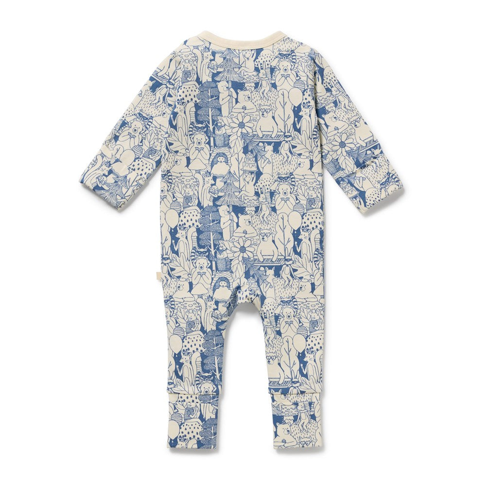 Baby onesie with blue and white animal pattern on a white background