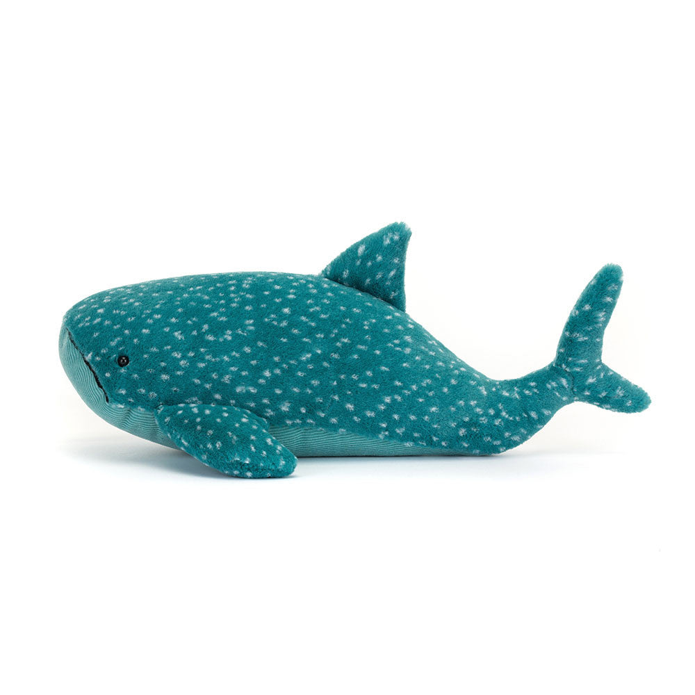 A plush toy resembling a whale shark with a blue and green color pattern, with a soft body and a safety eye.