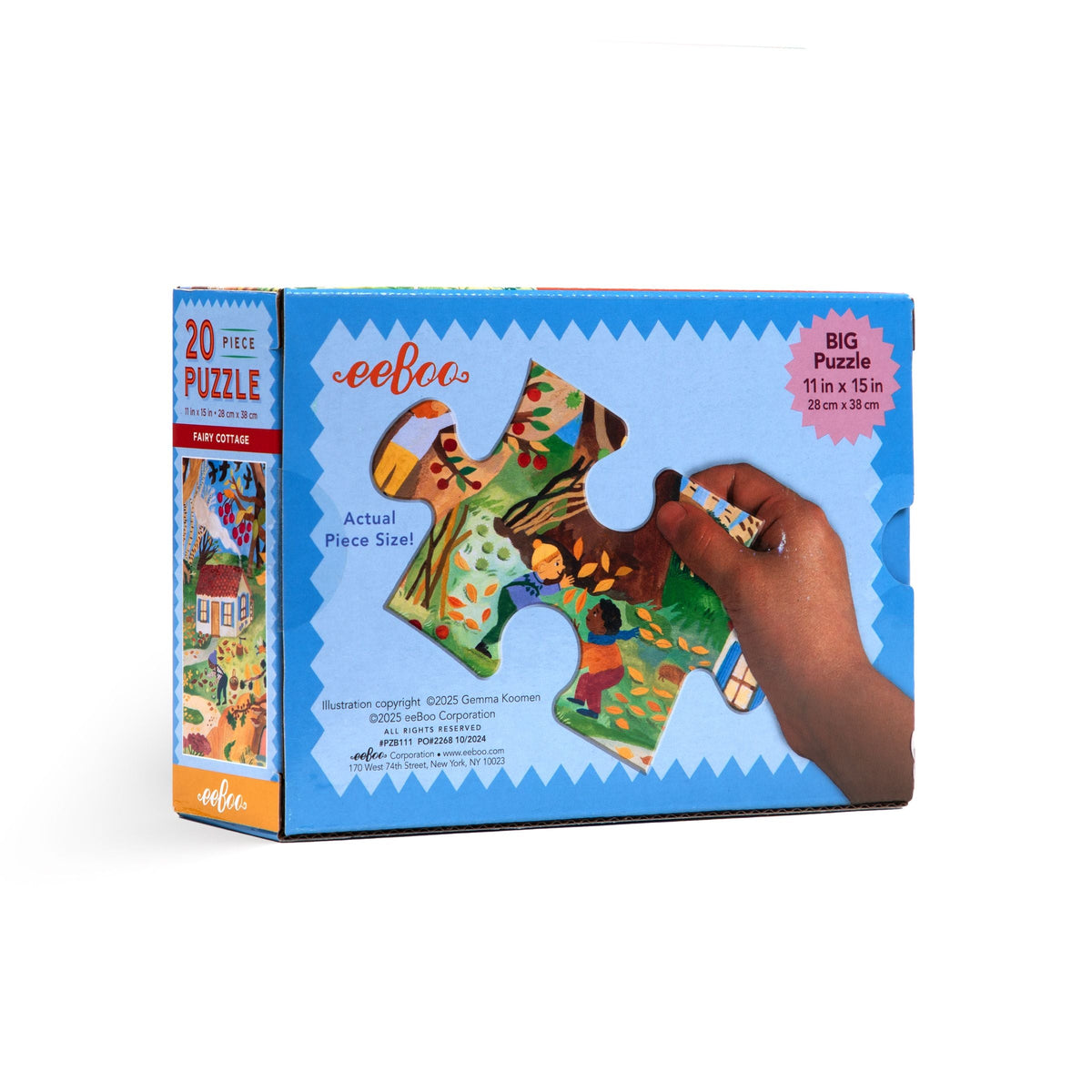 20 Piece Puzzle - Fairy Cottage by Eeboo product box featuring whimsical autumnal artwork by Gemma Koomen, with a cutout design displaying an actual-size puzzle piece.