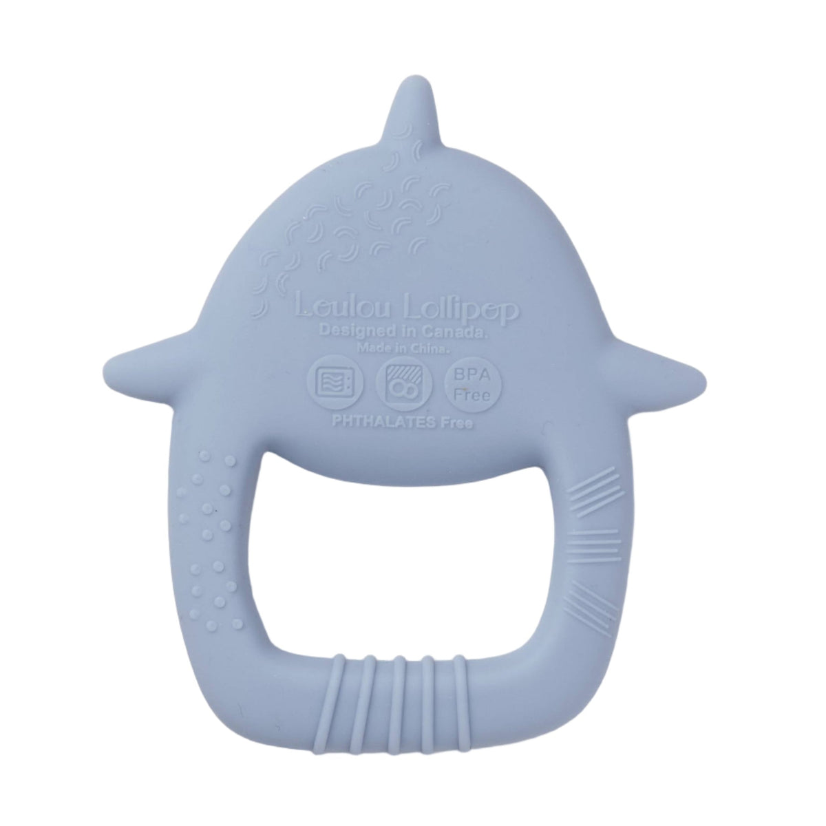 Blue dolphin-shaped teether on a white background
