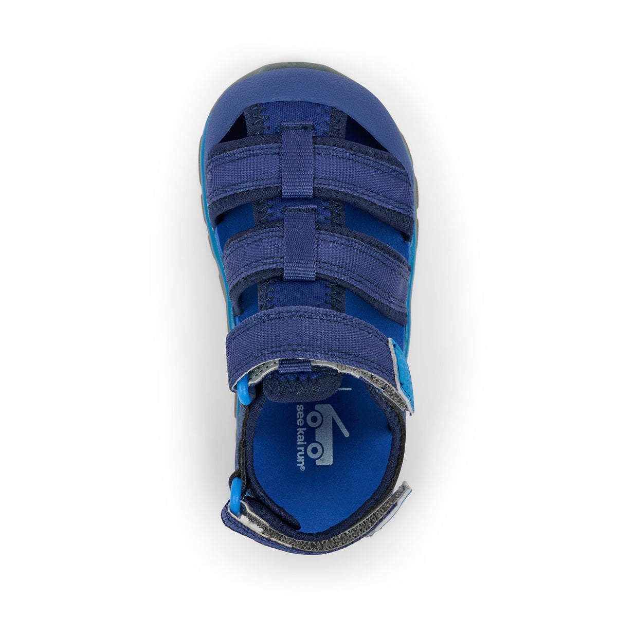 Blue sandal with multiple straps on a white background