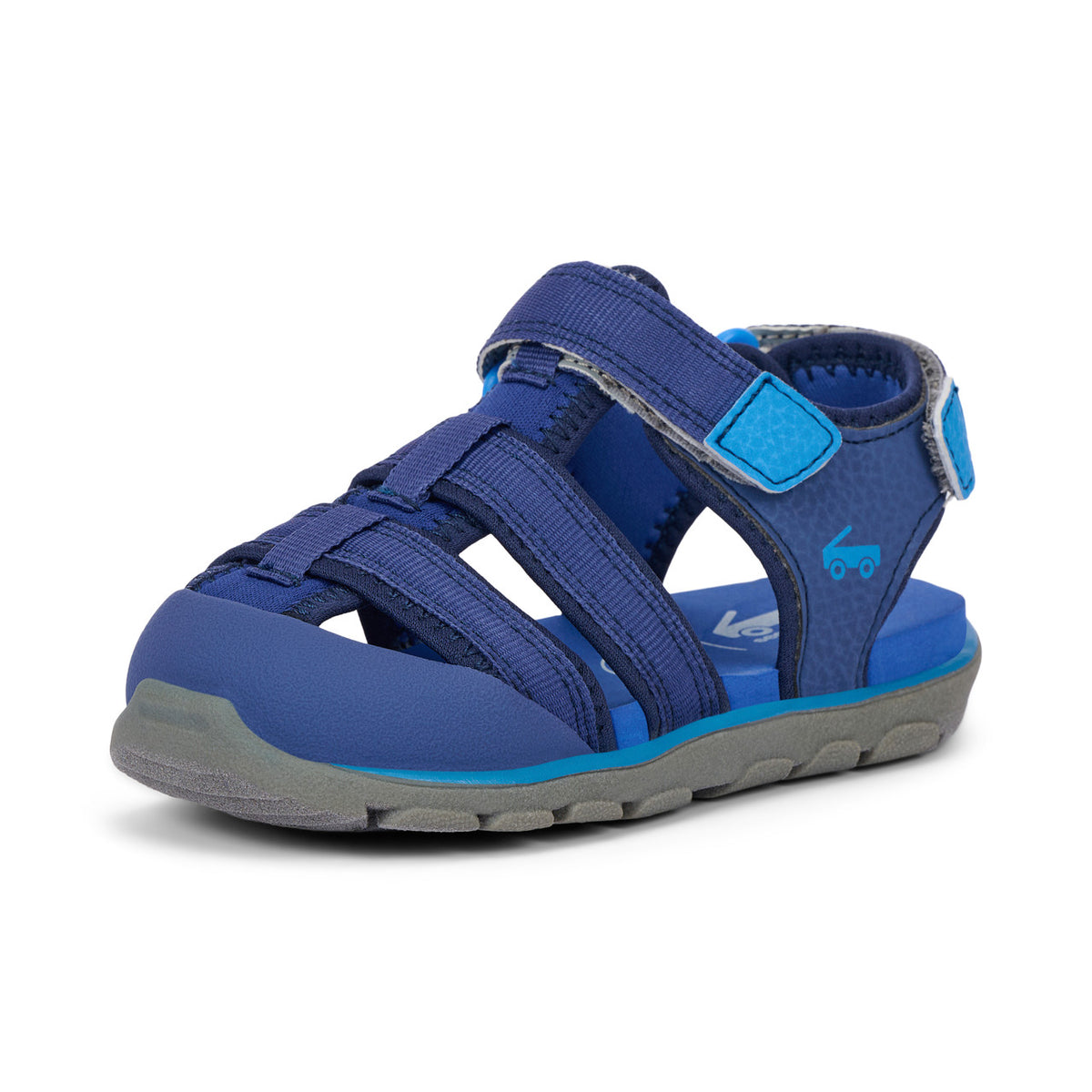 Blue children's sandal with gray sole on a white background