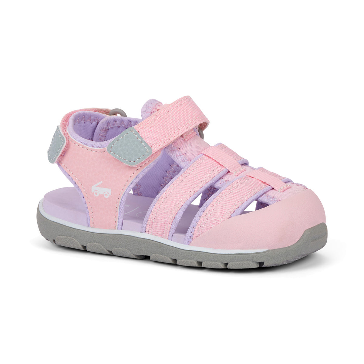 A light pink toddler sandal with lavender straps and a gray sole, shown from a three-quarters angle on a white background.