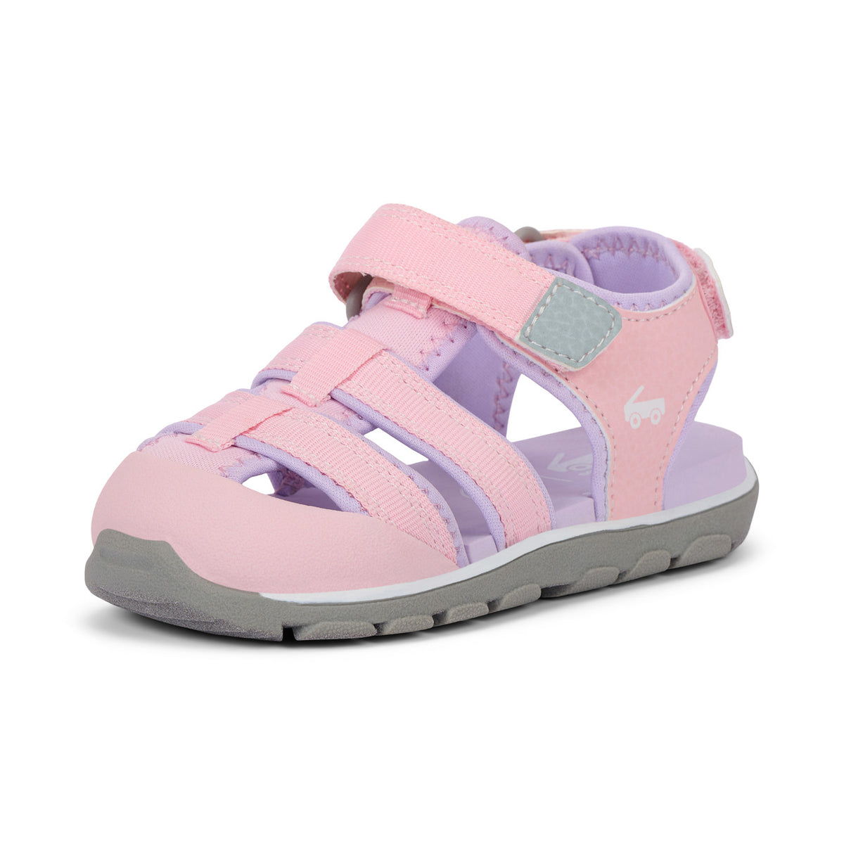 Pink and purple sandal with gray sole on a white background
