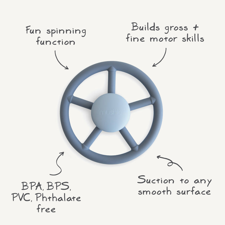 Blue steering wheel-shaped toy with text highlighting its features on a white background