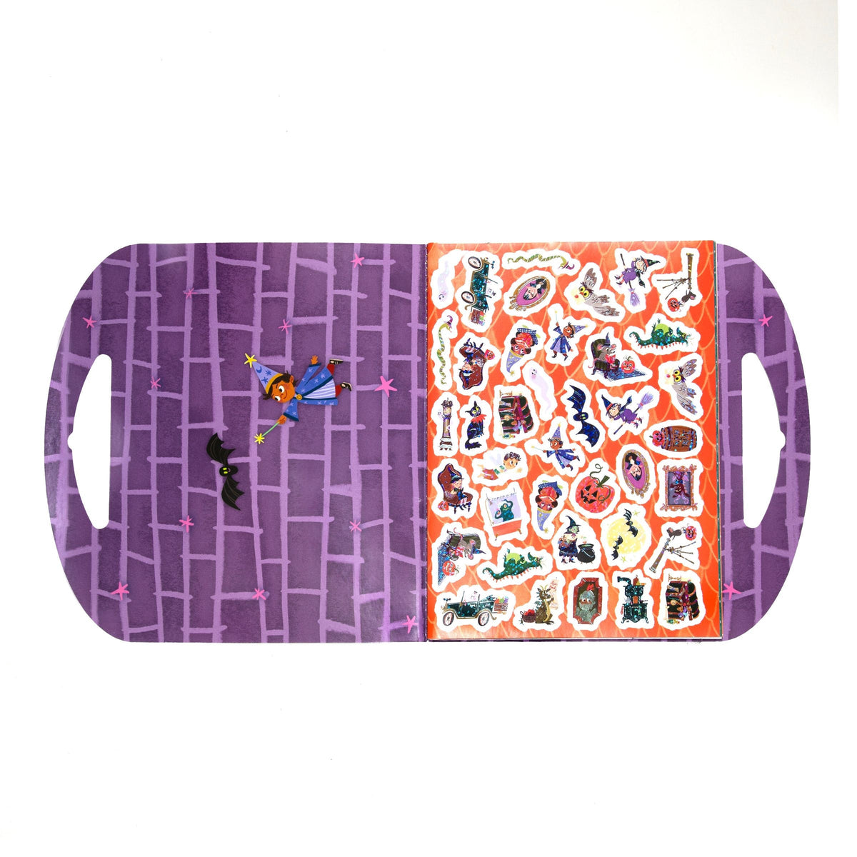 A rectangular Halloween-themed tray or board with rounded corners and side handles, shown on a white background. The left half is purple with a brick-pattern design, a small witch figure, and a black bat.