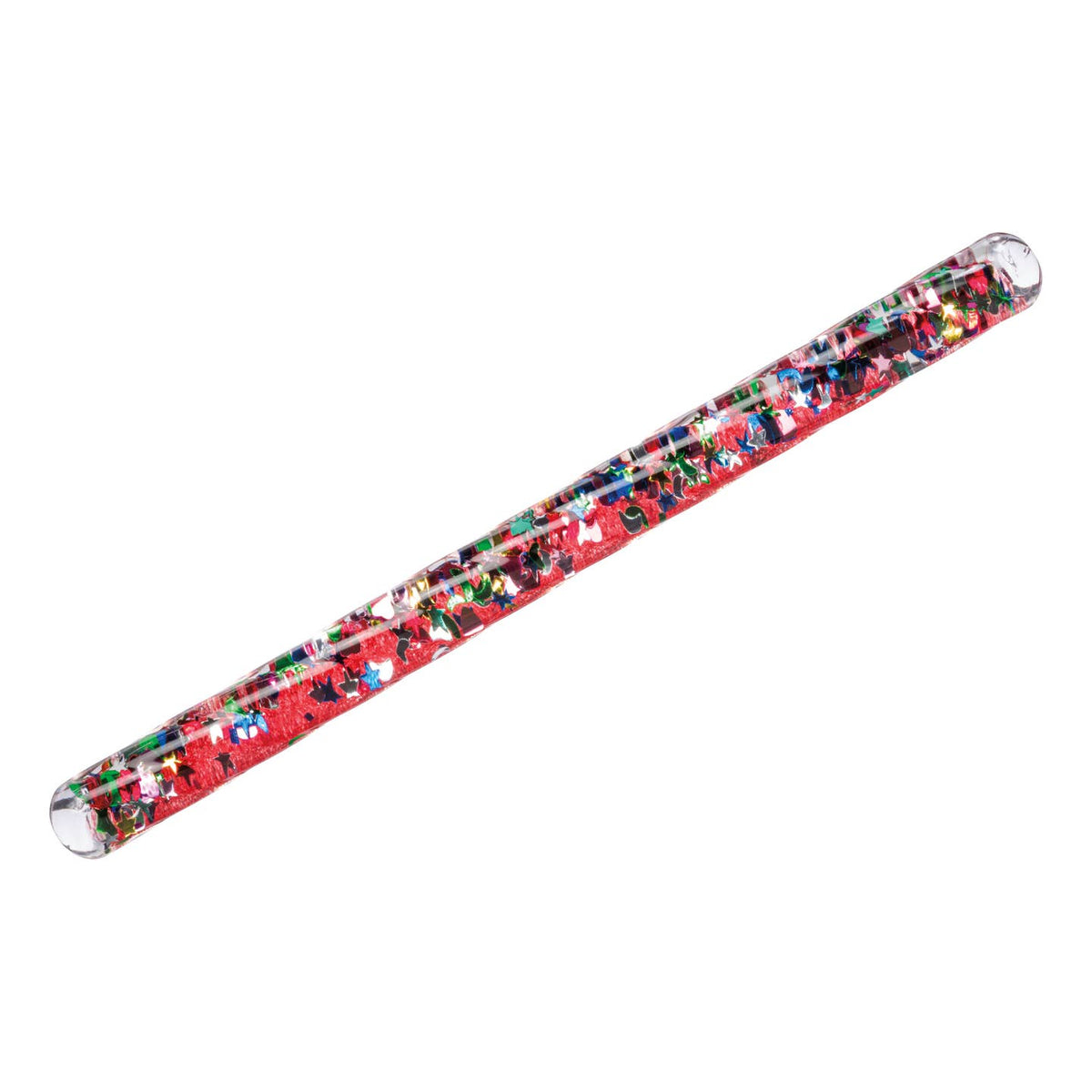 Decorative red slap bracelet with colorful patterns on a white background