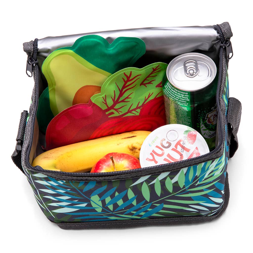 insulated lunch bag with colorful leaf pattern containing a sandwich, apple, banana, and drinks.