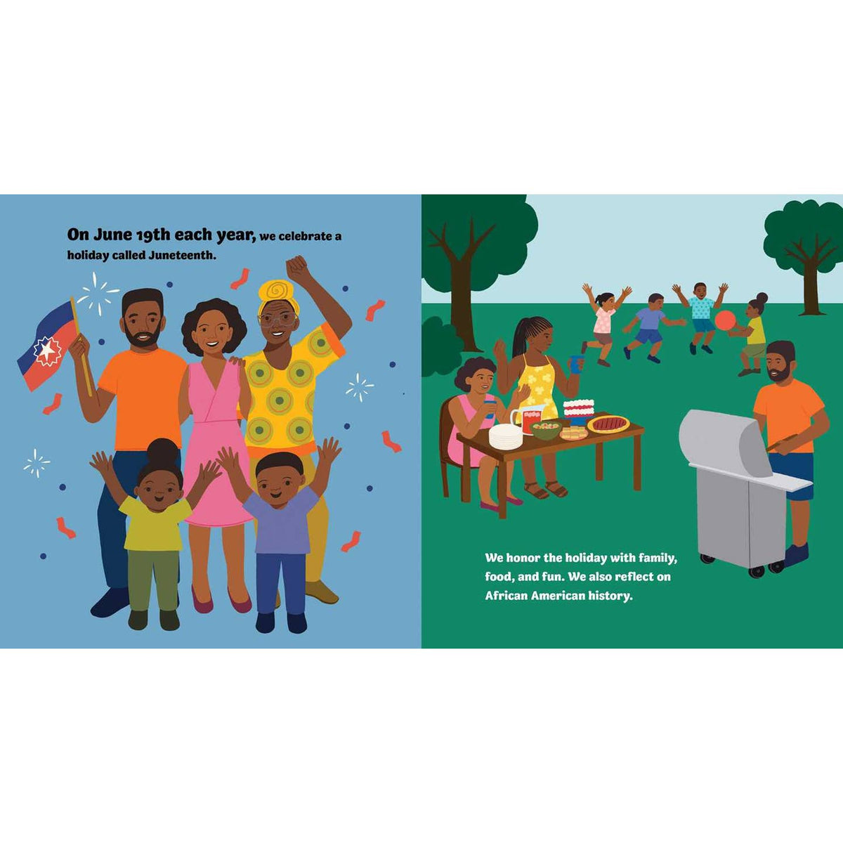 Illustration of a family celebrating Juneteenth with text explaining the holiday.
