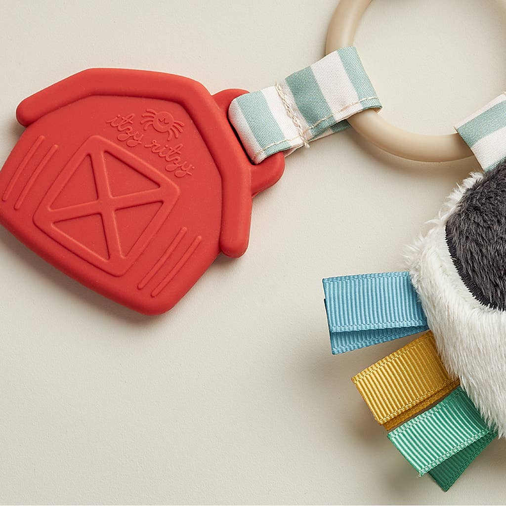 Red teething ring with colorful ribbons on a light background