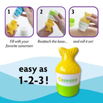 Instructions for using a sun-safe product with a pineapple-shaped container on a blue background.