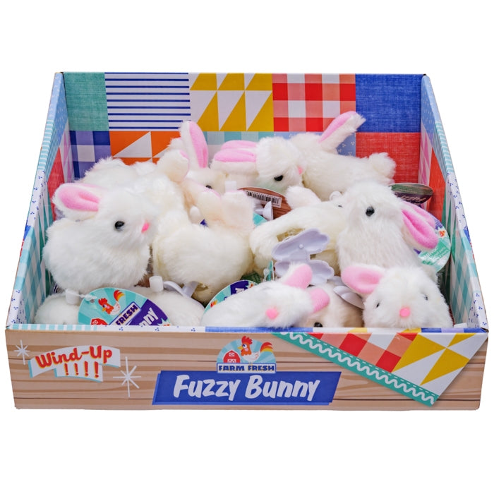 Box of wind-up fuzzy bunnies with colorful packaging