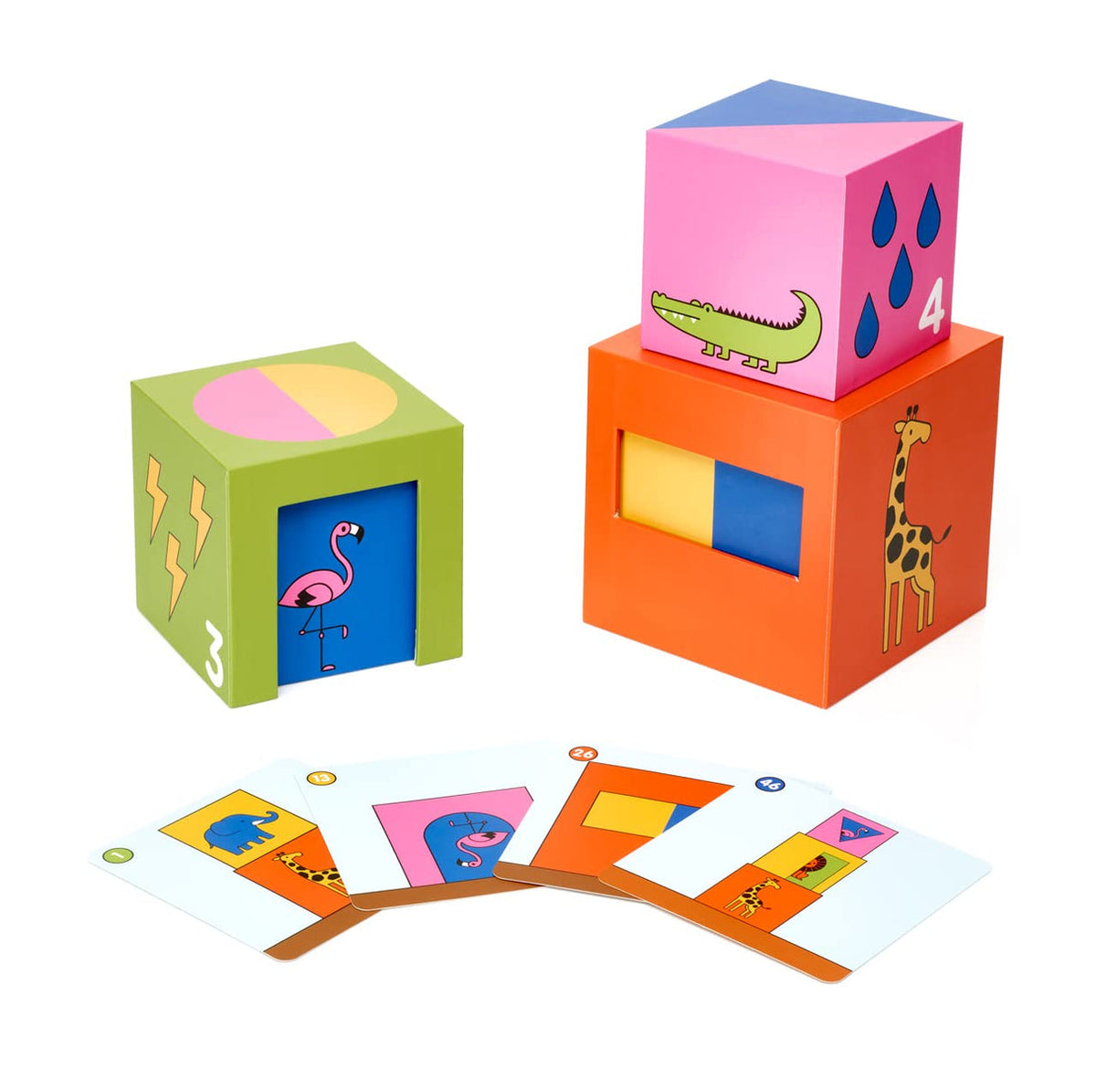 Colorful educational blocks with shapes and animals on a white background
