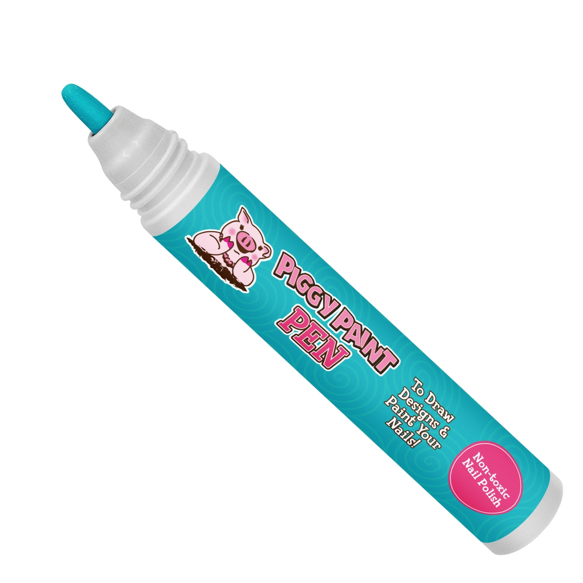 Turquoise nail paint pen with pink accents on a white background