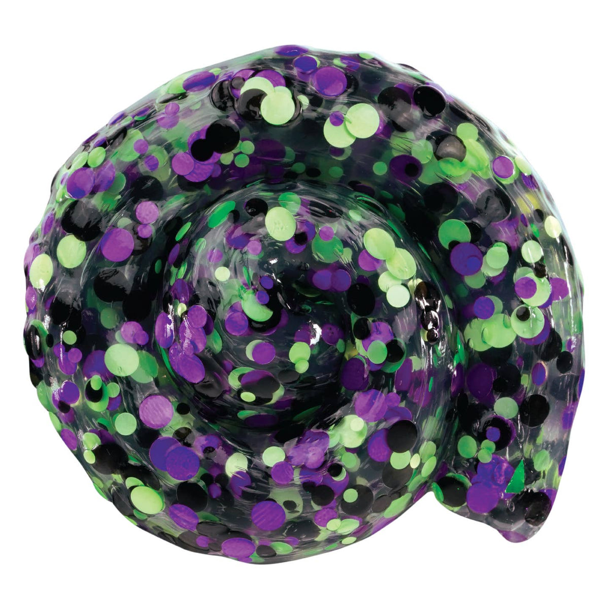 Inflatable pool tube with purple, green, and black confetti pattern on a white background