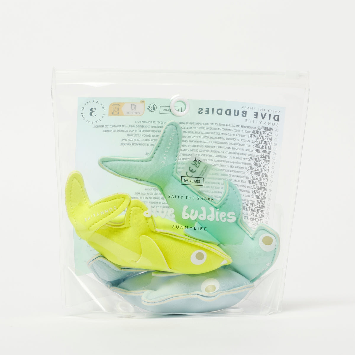 Packaged toy shark with 'Dive Buddies' branding on a white background