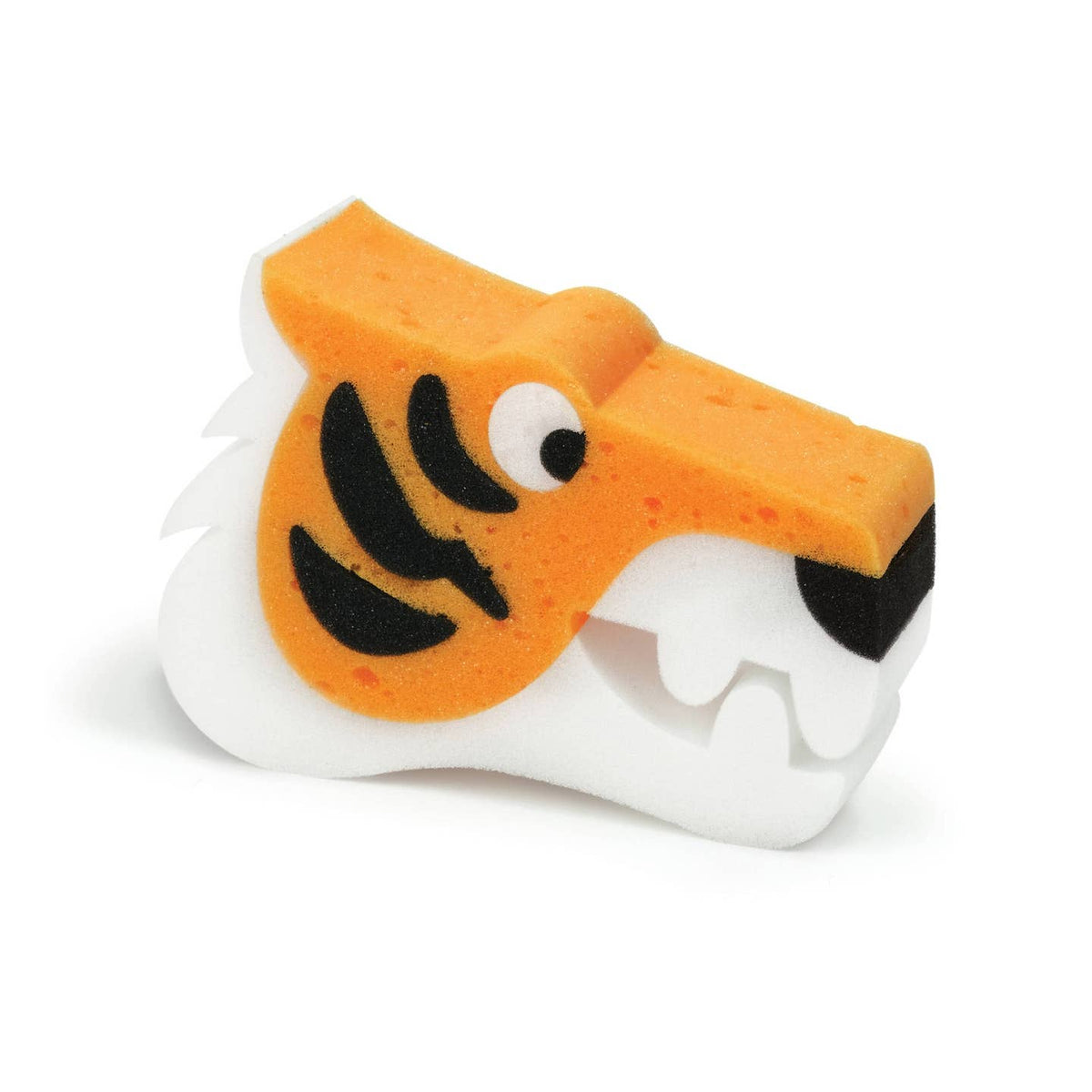 Orange and white toy with a face on a white background