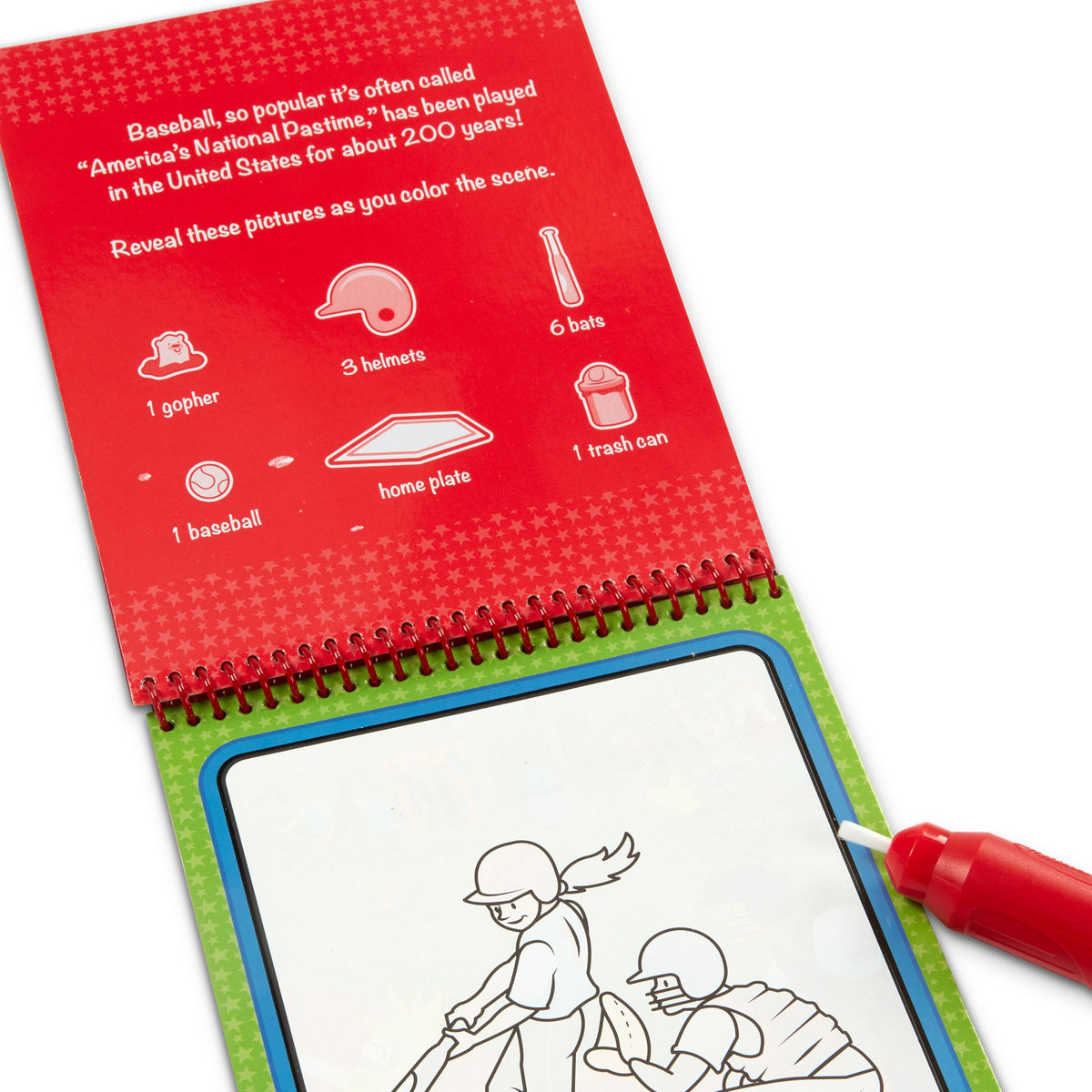 Coloring book with baseball-themed illustrations and a red marker on a white background