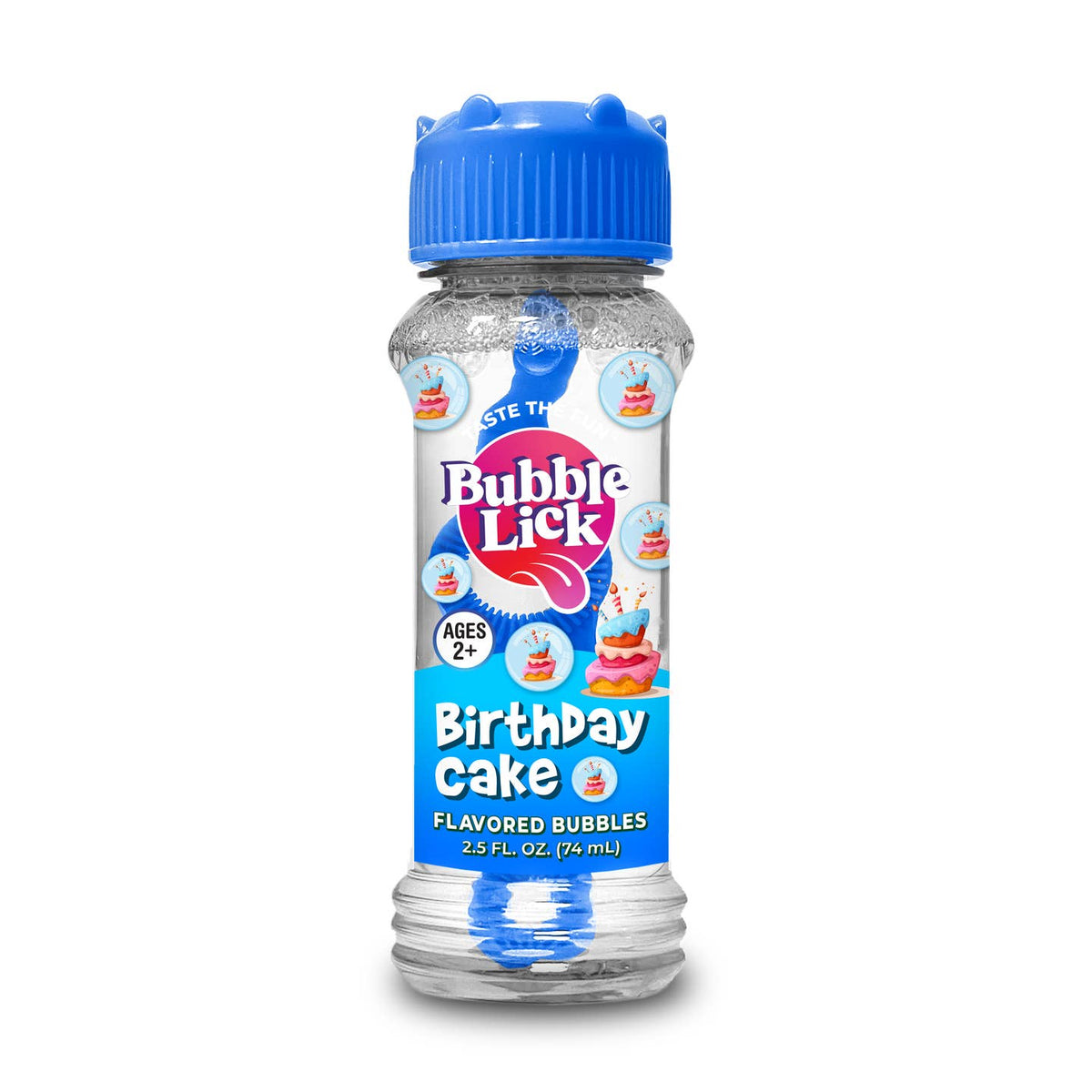 Bottle of Bubble Lick Birthday Cake flavored bubbles on a white background