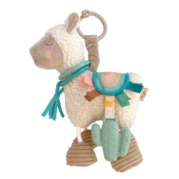 Plush llama toy with teether and colorful accents on a white background