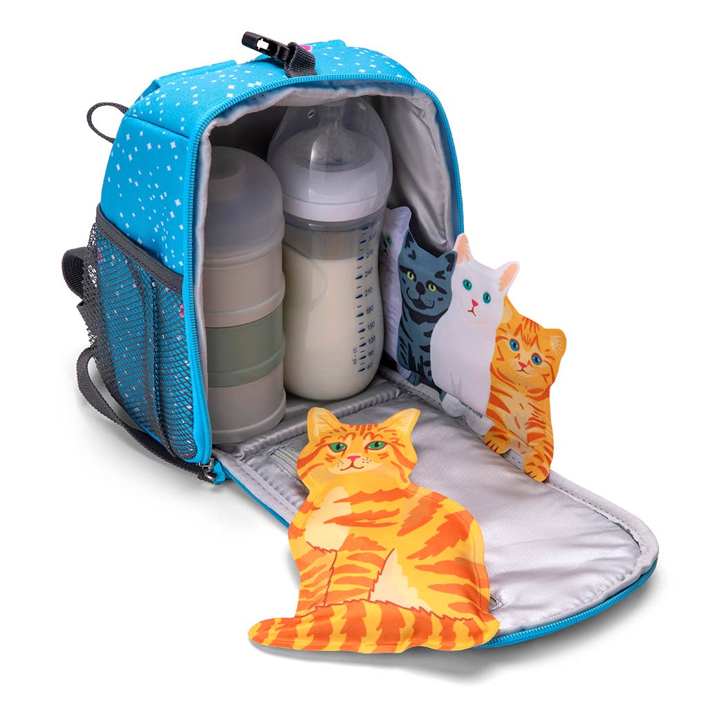 Backpack with cat-themed items including bottles and plush toys on a white background