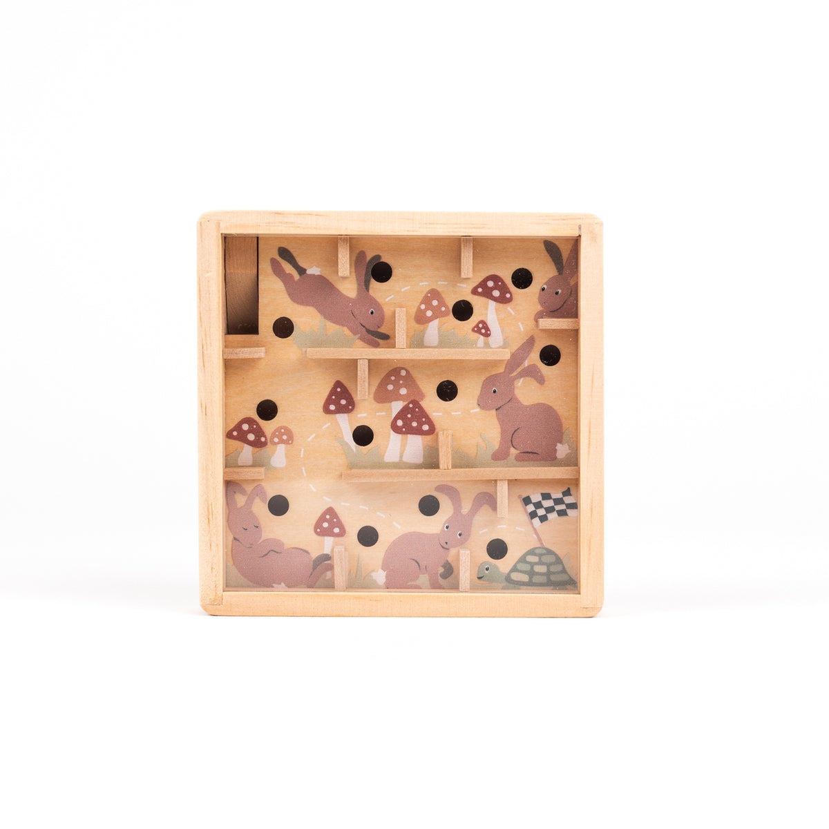 Wooden puzzle with rabbits and mushrooms on a white background