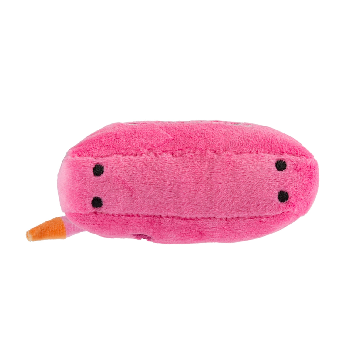 Pink plush toy with black dots on a white background