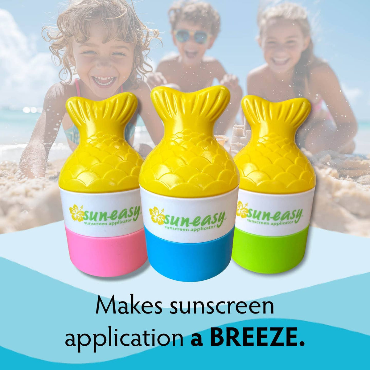 Three colorful sunscreen applicators with mermaid tail design on a beach background.