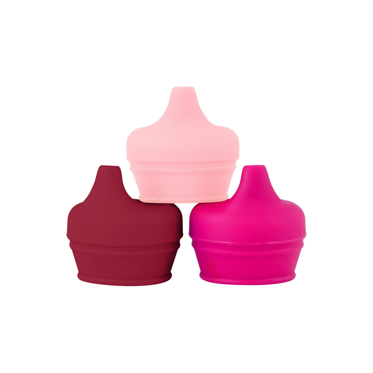 Three silicone cup lids in light pink, dark red, and bright magenta, arranged together on a plain white background.