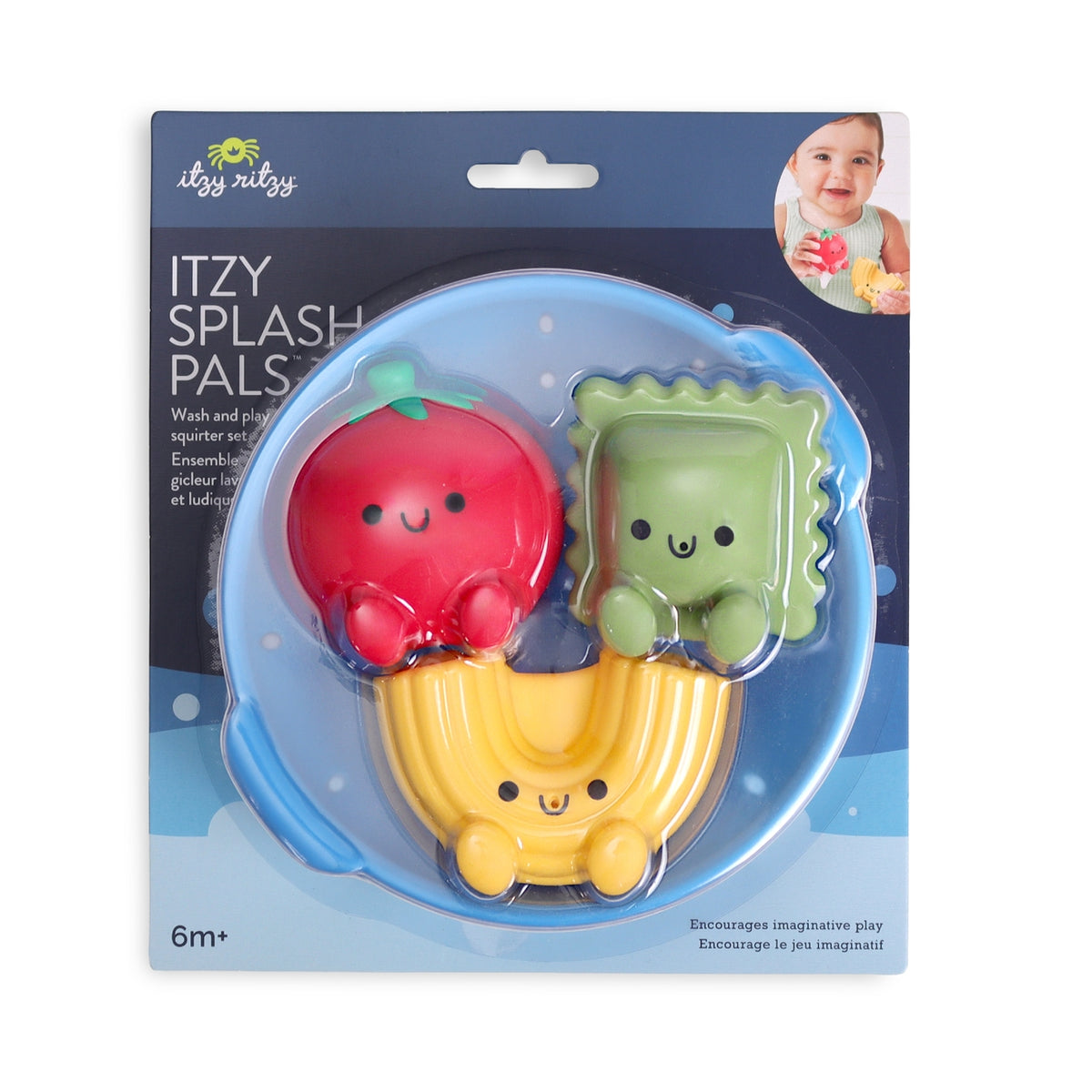 Packaging of Itzy Splash Pals with red, green, and yellow characters on a blue background.
