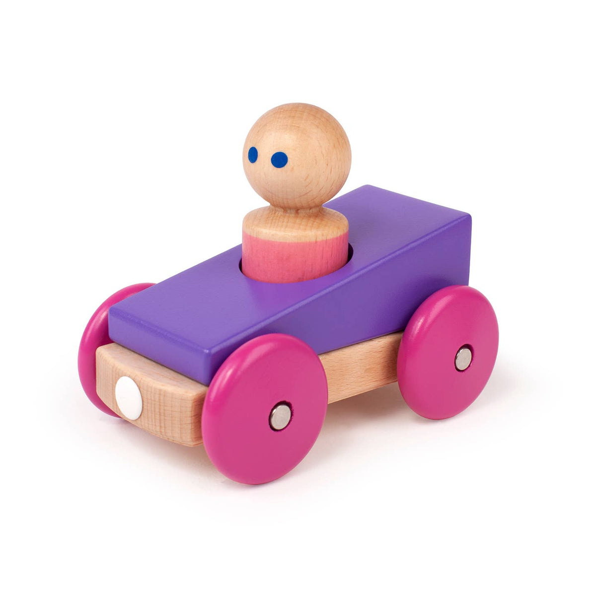 Wooden toy car with a pink and blue figure on a white background