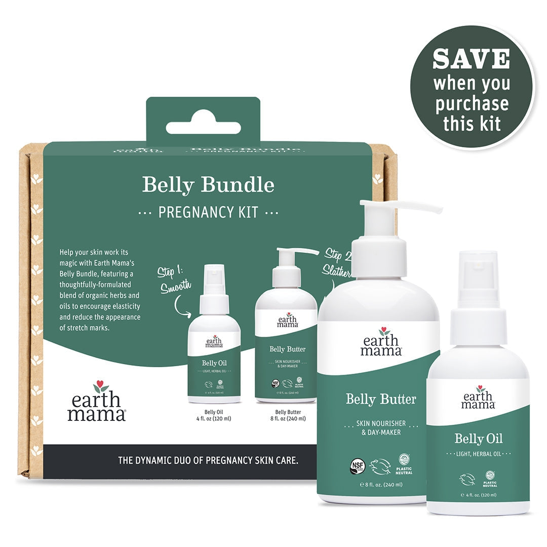 Earth Mama Belly Bundle Pregnancy Kit with belly butter, belly oil, and packaging on a white background