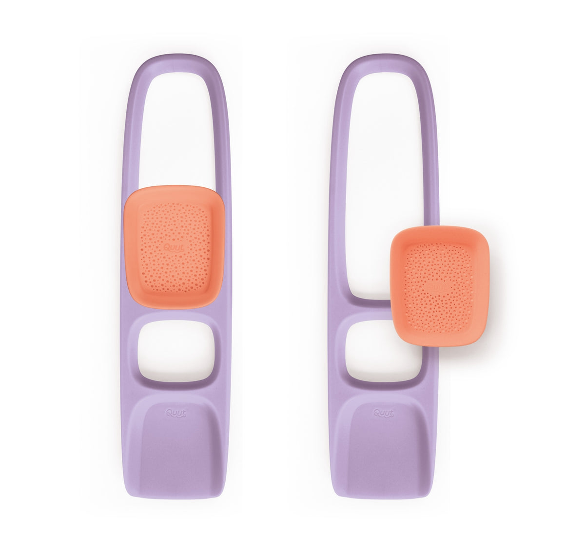 Two purple clips with orange and white pads on a white background