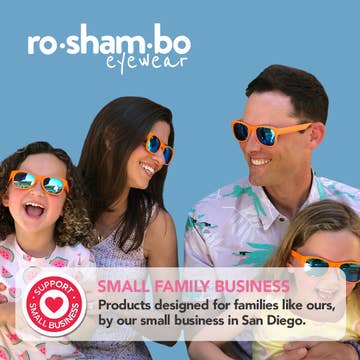 Family wearing ro sham bo eyewear with a blue background and text about the brand.