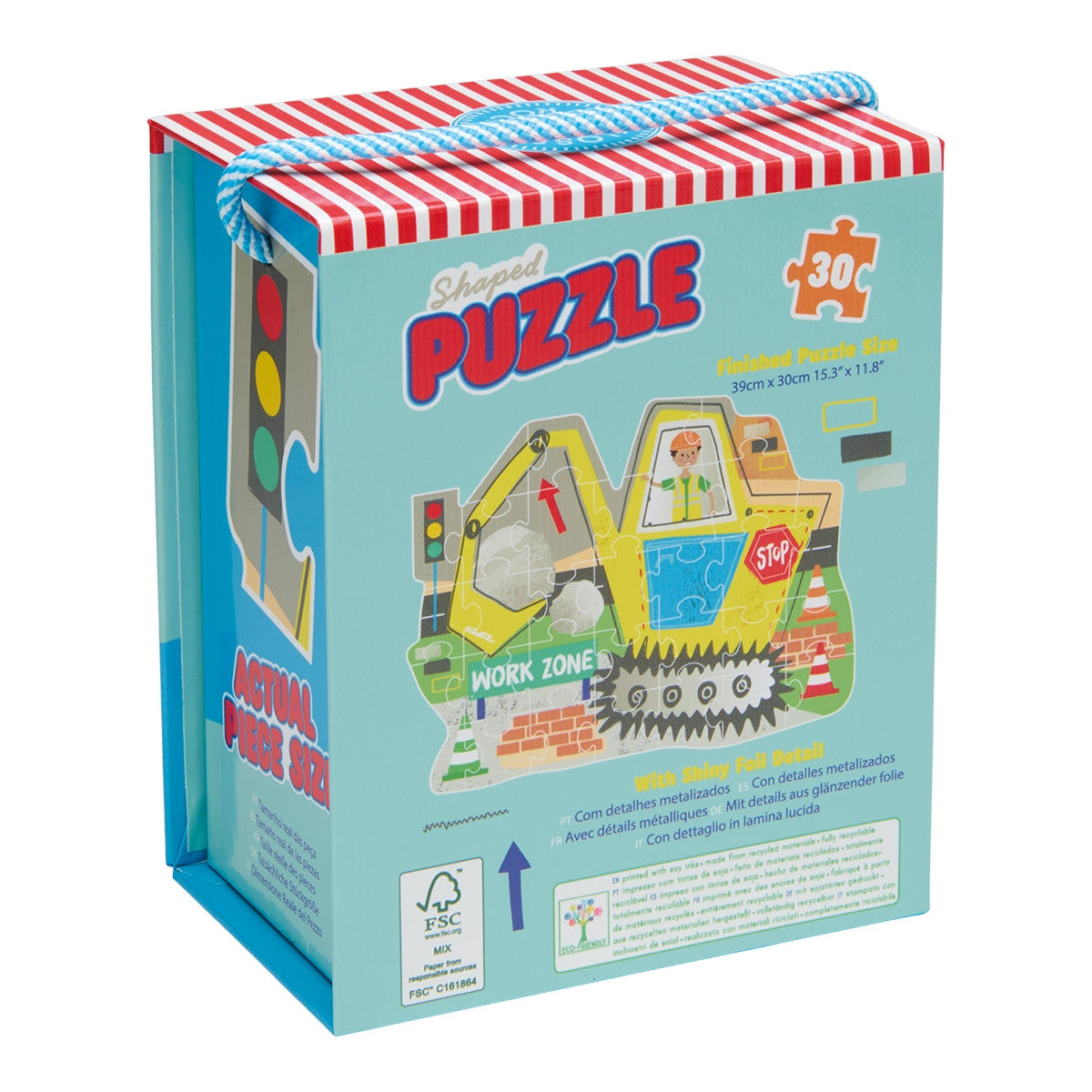 Children's puzzle box with construction vehicle design on a white background