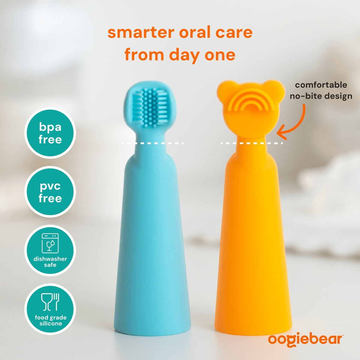 Two children's toothbrushes, one blue and one orange with a bear design, on a light background with text highlighting features.