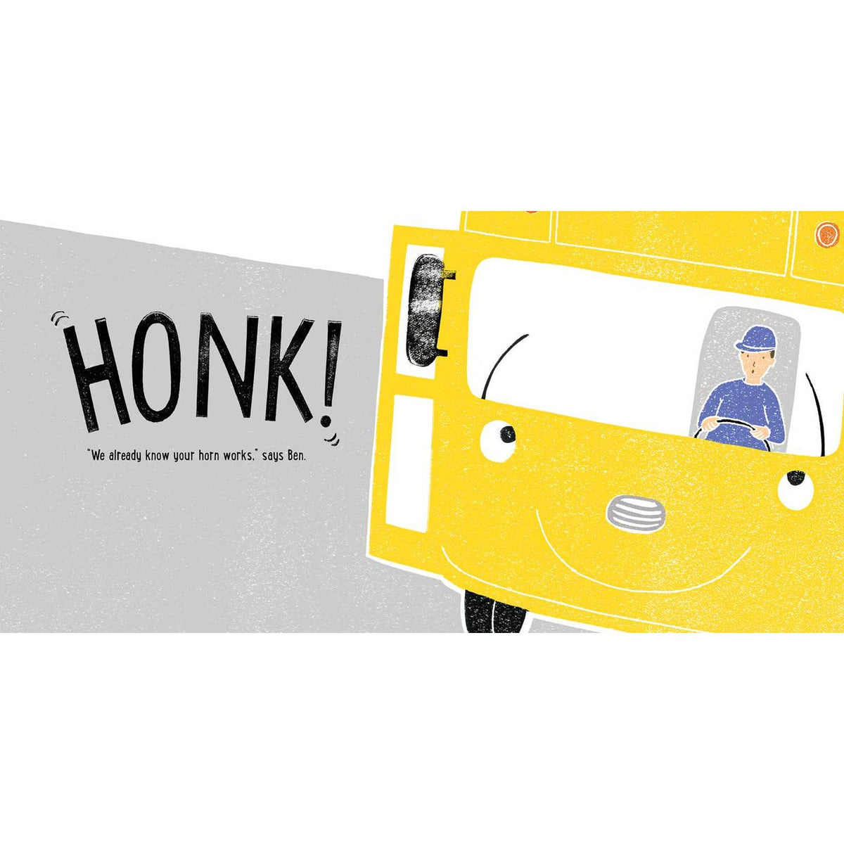 Illustration of a yellow vehicle with a driver and text 'Honk!' on a white background