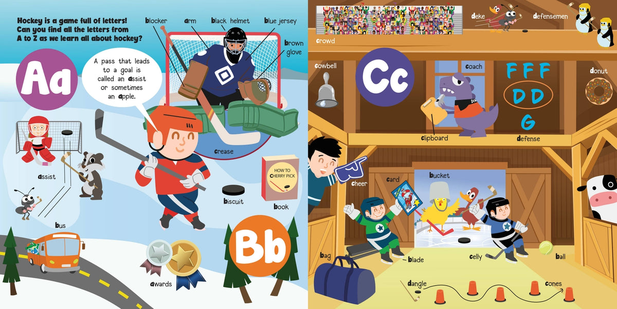 Children's book with alphabet letters and sports-themed illustrations
