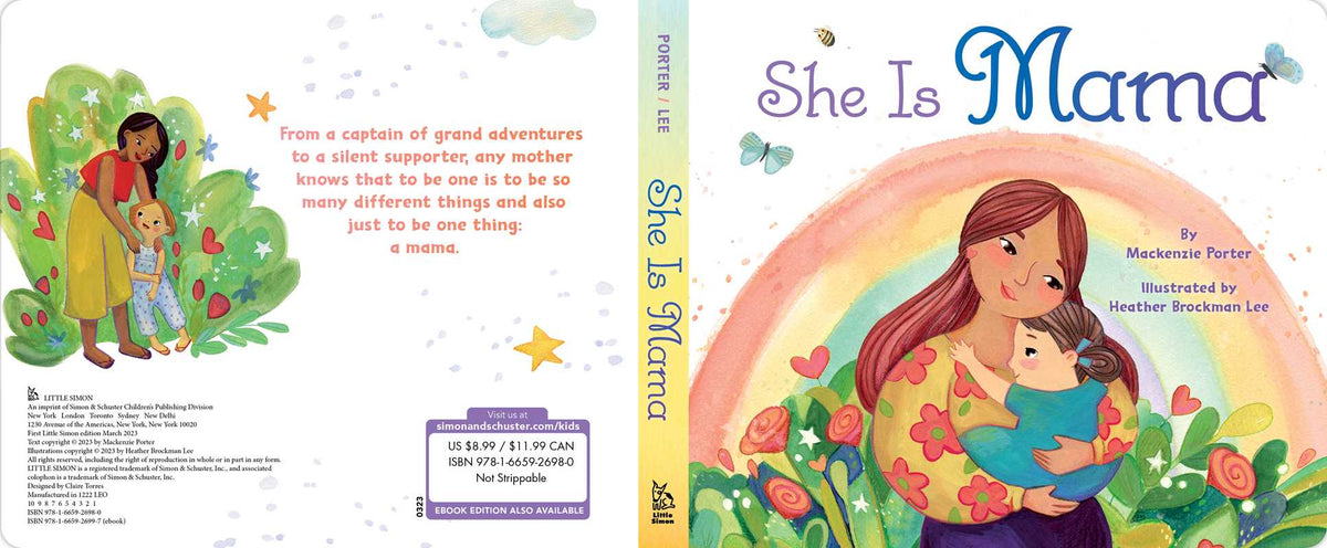 Book cover and spine of 'She Is Mama' with illustrations of a mother and child.