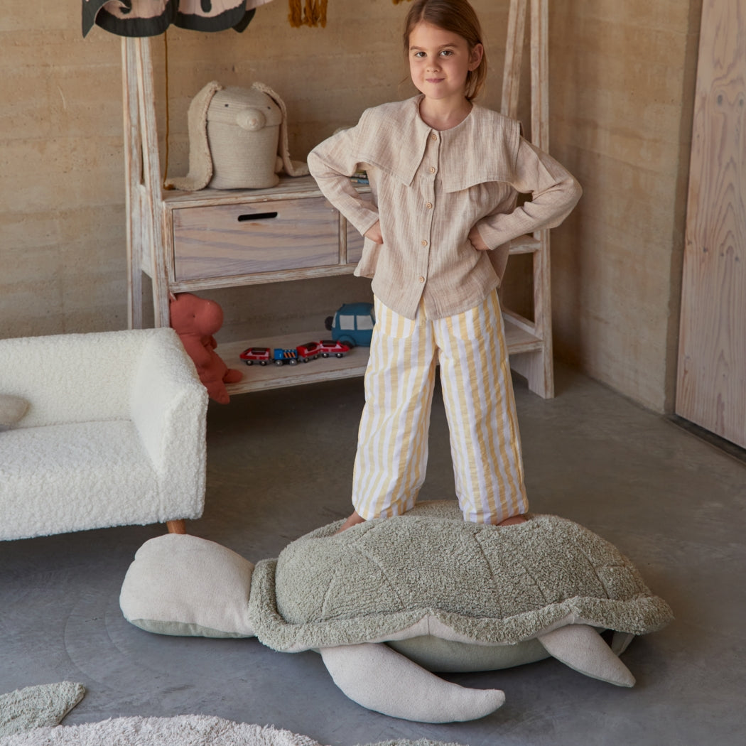 Child standing on a large turtle-shaped pillow in a room with toys and furniture.