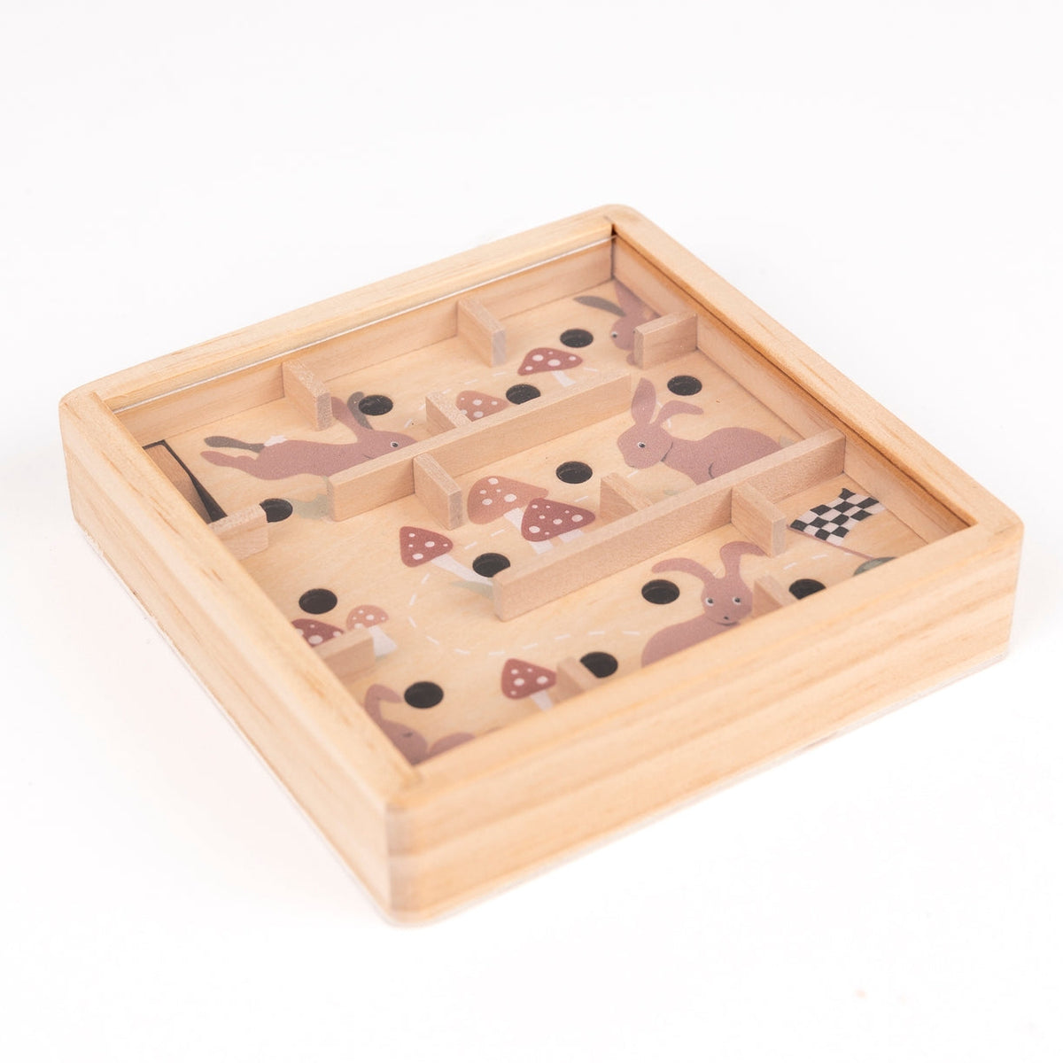 Wooden maze game with animal illustrations on a white background